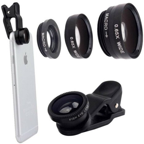 Kit Lentile Foto iUni 3-in-1 Macro, Wide Angle si FishEye compatibile cu Smartphone si Tableta, Negr